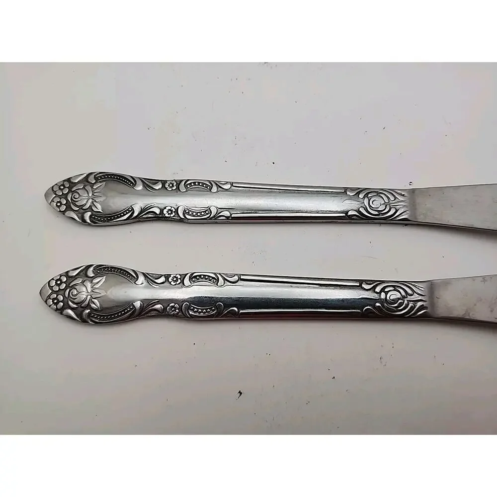 2 Vtg Stainless Steel FLATWARE Butter Knives Ornate Rose Floral Handle Japan